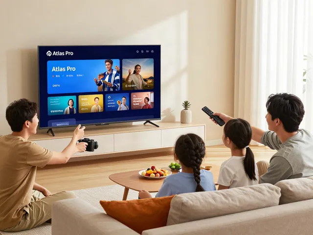 Famille se réunissant autour de l'application Atlas Pro ONTV sur un grand téléviseur, ambiance conviviale et moderne.