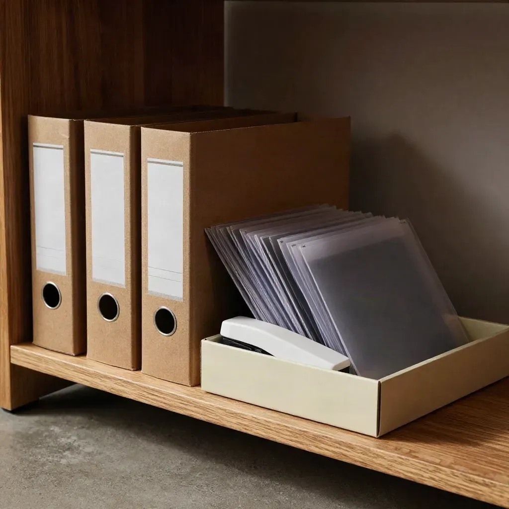 Boîtes d’archives et pochettes transparentes alignées sur une étagère basse, lumière dramatique.