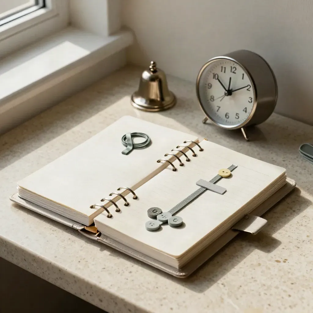 Agenda à anneaux, horloge, élastiques et jetons de rappel sur travertin.
