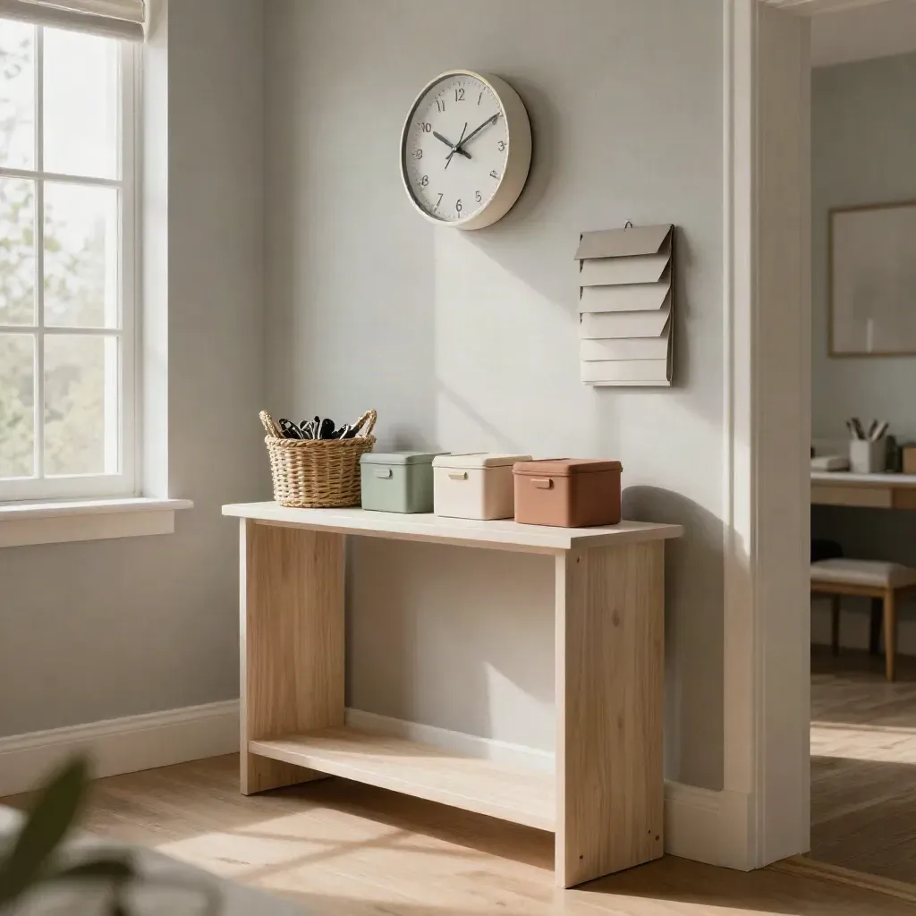 Entrée de maison rangée avec console blanche, panier de clés, horloge et boîtes de rappel.