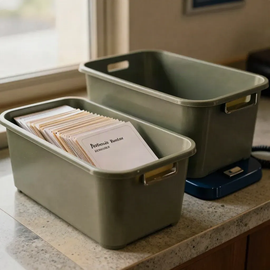Bacs de suivi client, cartes de relance et téléphone de bureau sur une étagère sombre.