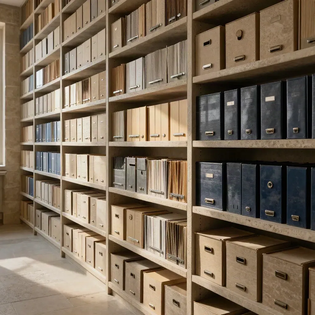 Mur d’archives en pierre, boîtes neutres et trieurs métalliques alignés, ambiance calme et méthodique.