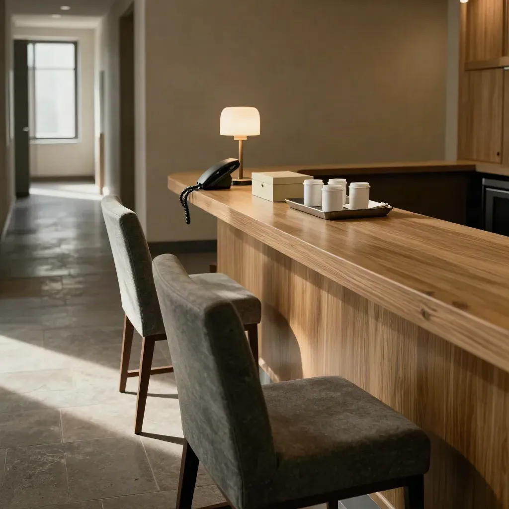 Réception de cabinet calme avec chaises vides, interphone et boîte à formulaires fermée.