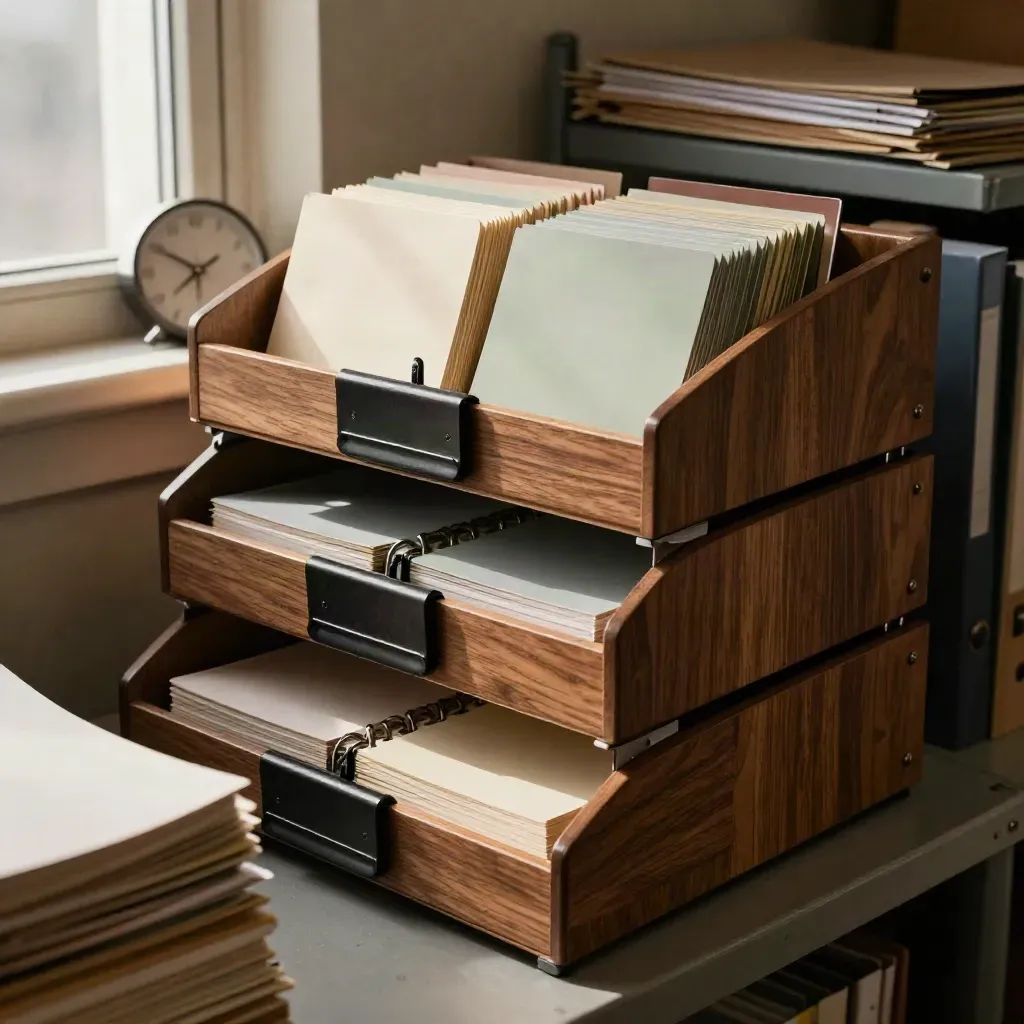 Trieur de documents, pinces noires, cartes vierges et horloge compacte sur étagère d’archives.