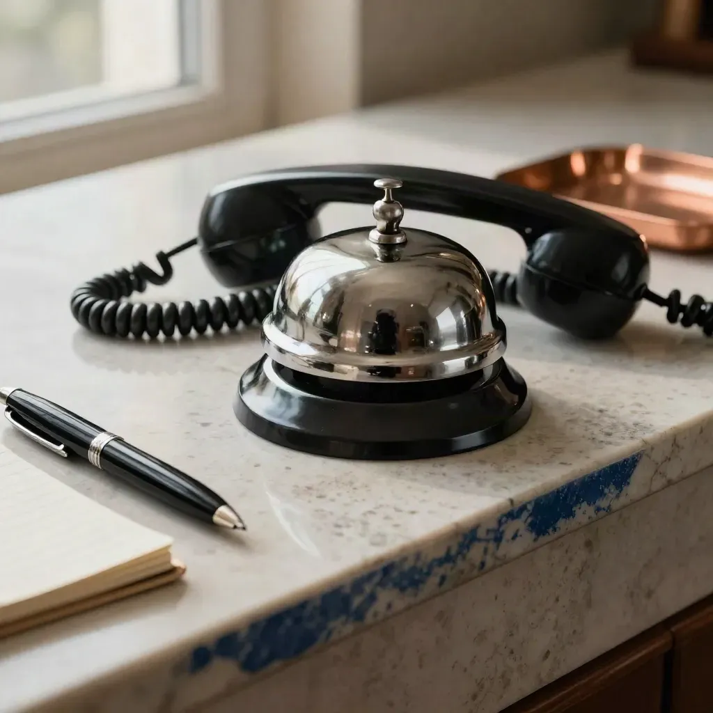 Gros plan d’une cloche de comptoir, d’un combiné téléphonique et d’accessoires de réception sur travertin.