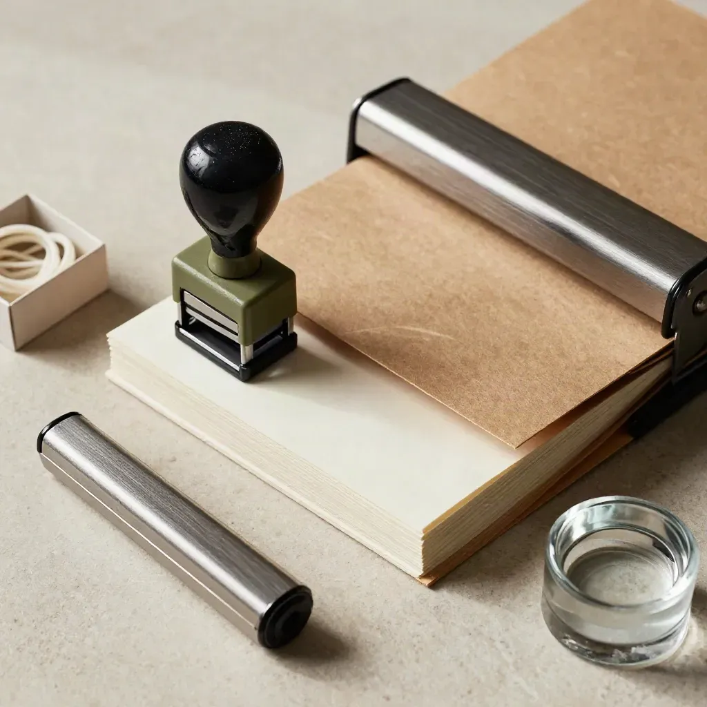 Vue de dessus serrée d’un tampon, coupe-papier, dossier kraft, élastiques et presse-papiers sur fond minéral.