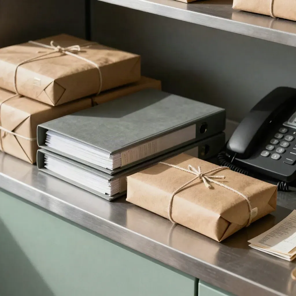 Colis prêts, classeurs fermés et téléphone de comptoir dans une boutique, en lumière chaude.