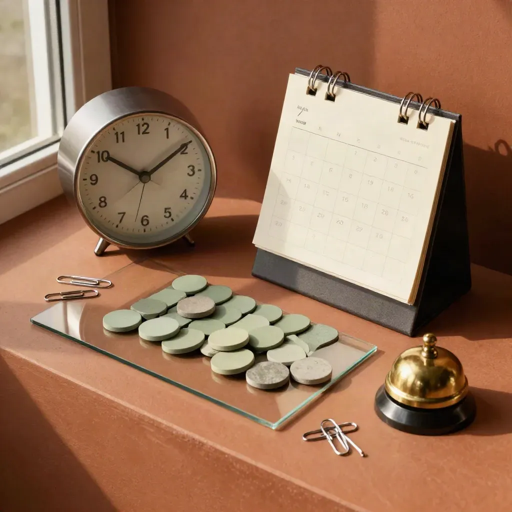 Vue du dessus d’objets de planning: horloge, calendrier vierge, jetons, cloche et trombones sur terre cuite.