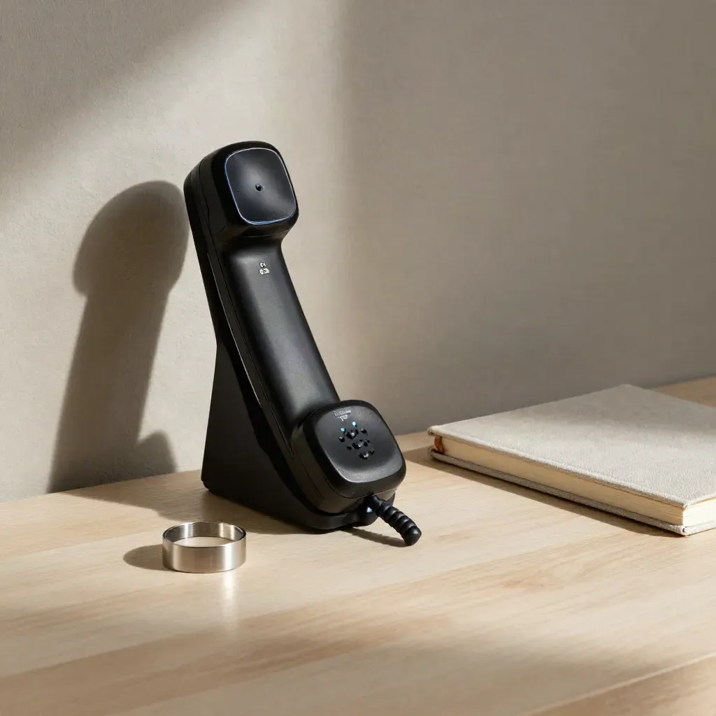 Combiné téléphonique sur son socle, carnet fermé et anneau de rappel sur bois clair.