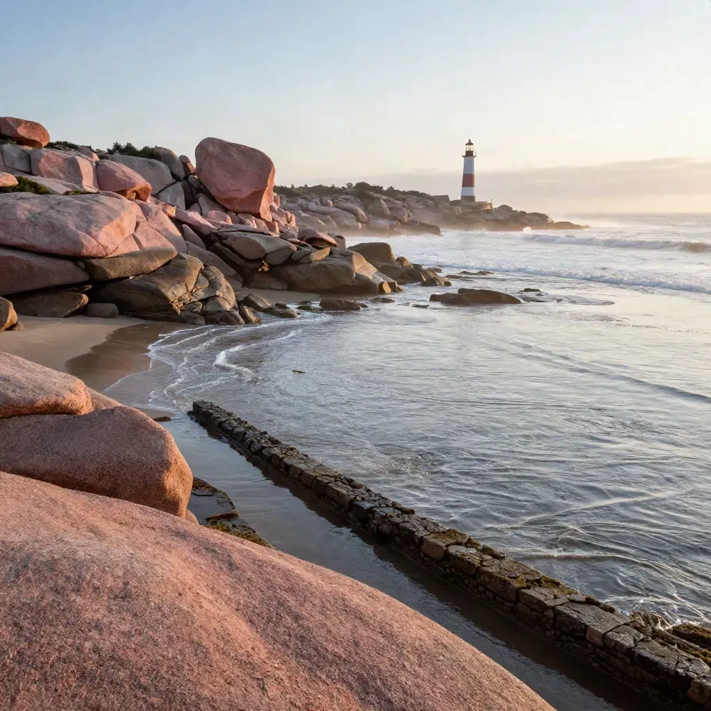 Falaises de granit rose, cove atlantique brumeuse et phare lointain sur l’horizon.