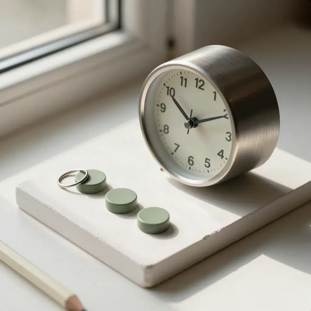 Horloge de bureau, jetons de rappel et anneaux de reliure sur plâtre clair, lumière douce latérale.