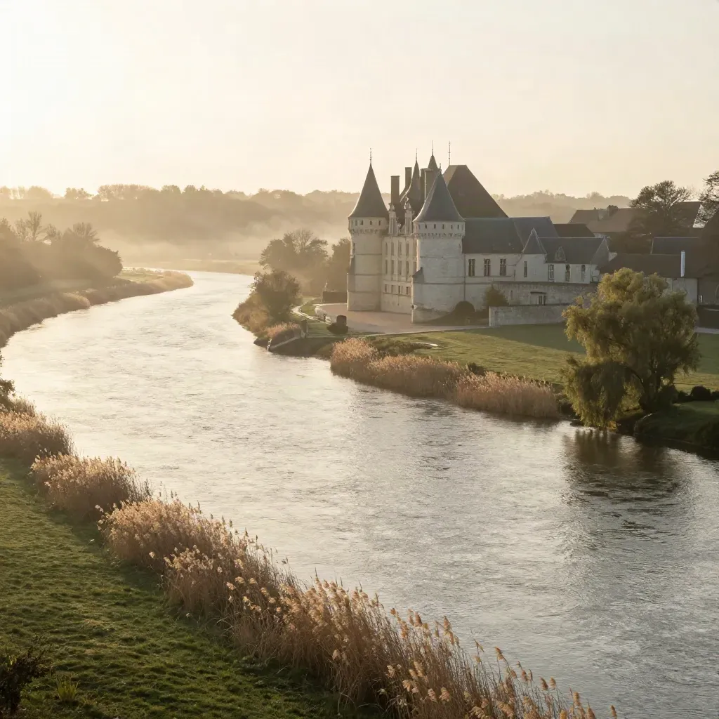 Vue large de la Loire avec château surélevé, brume dorée et prairies calmes.