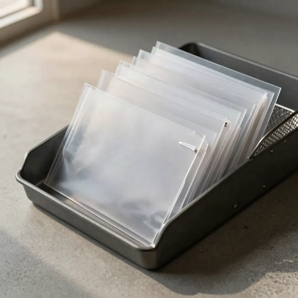 Bacs de classement, pochettes transparentes et élastiques blancs sur béton gris, en vue oblique serrée.