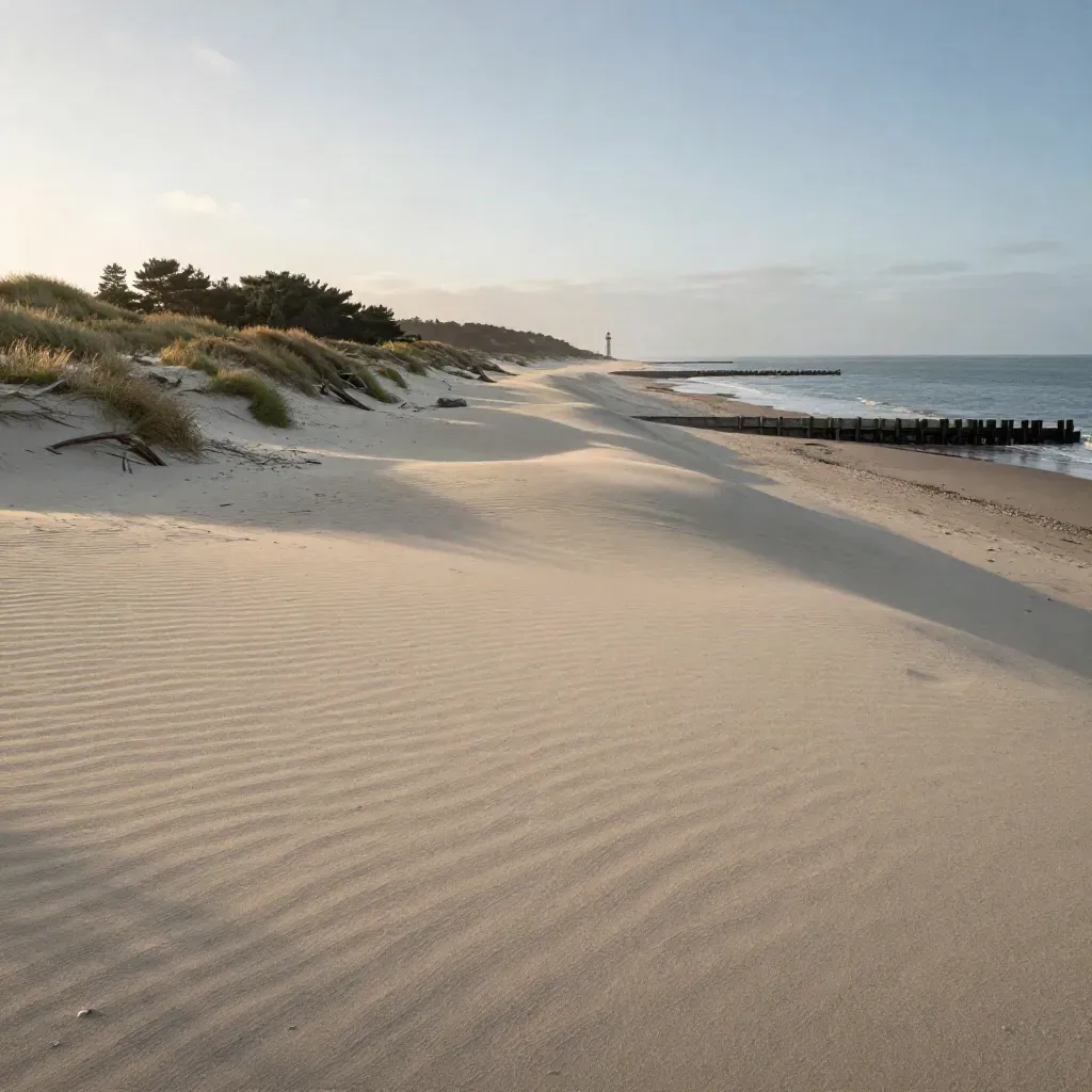 Dune littorale vendéenne, jetée, pins et phare lointain sous une lumière douce du soir.