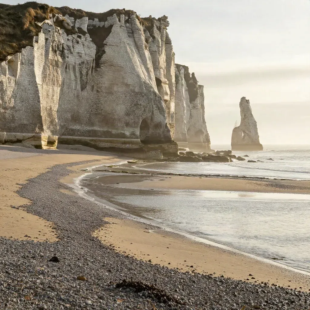 Falaises de craie normandes au soleil bas, plage minérale calme et brume marine.
