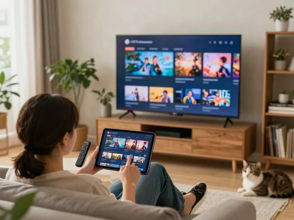 Expérience de divertissement Atlas IPTV dans un salon moderne avec tablette et TV.
